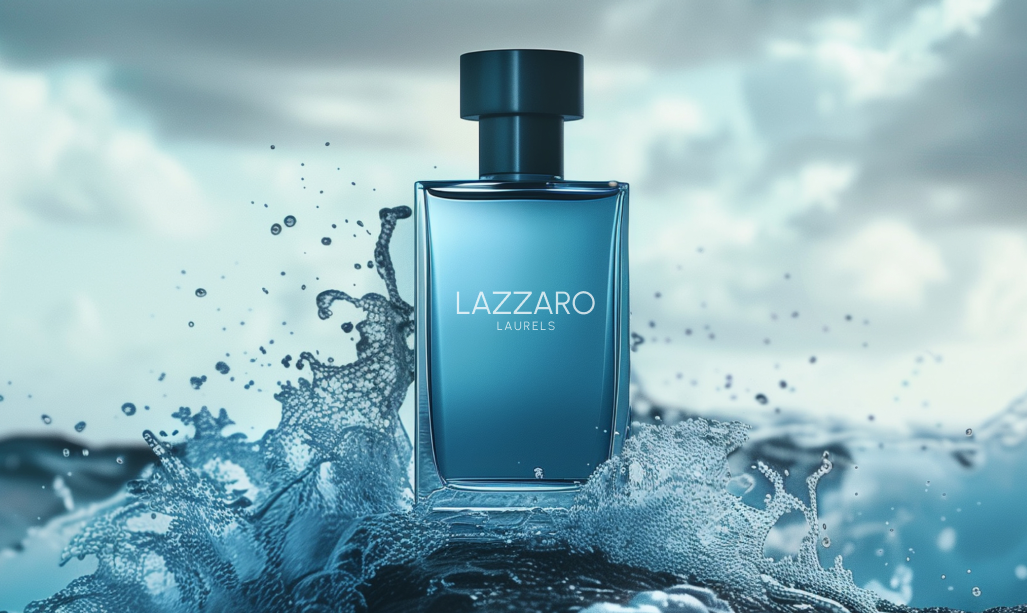 Blue perfume bottle in water splash